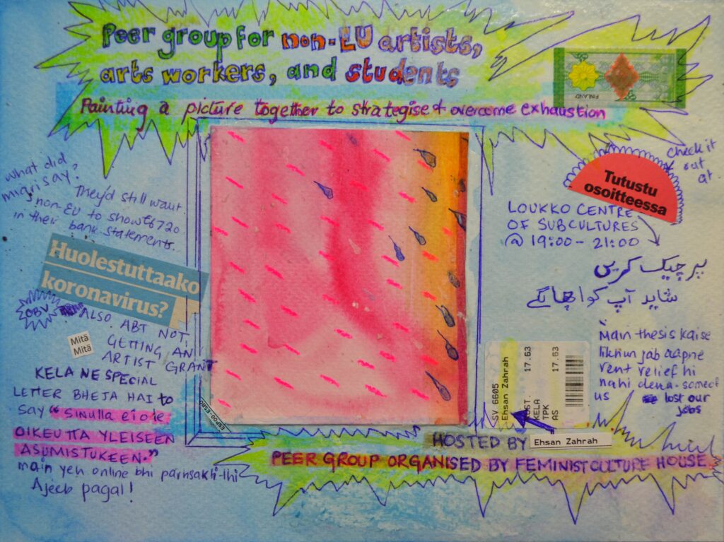 A collage on paper with a blue watercolour wash surrounding a pink watercolour window, framing diagonal droplets. The window is surrounded by text fragments in English, Finnish, and Urdu (written both in Urdu script and Roman alphabets) —the artist’s recent notes from COVID times. Image courtesy of Zahrah Ehsan.