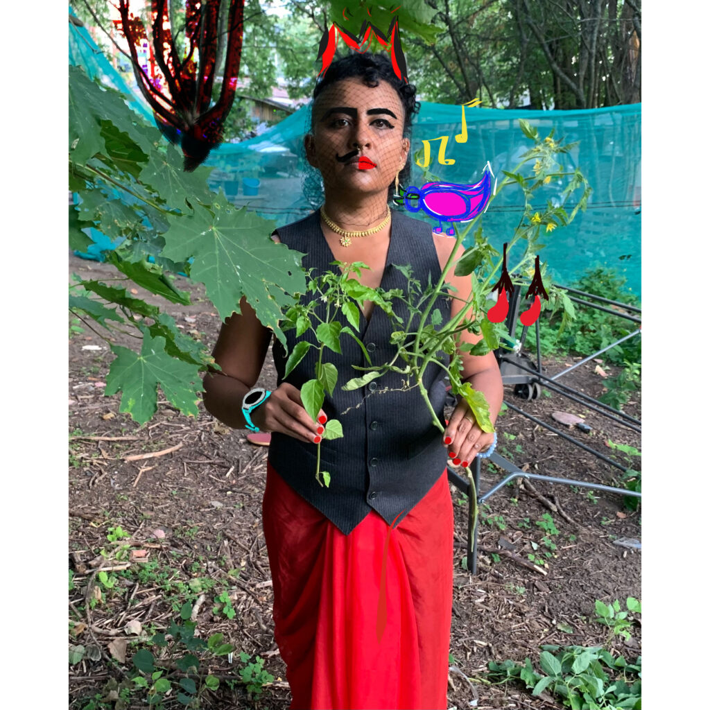 A photograph of a person facing the camera, a plant cutting in each hand. Drawn on the image is a crown, half a moustache, half red lips, a blue and fuschia bird singing two yellow musical notes.