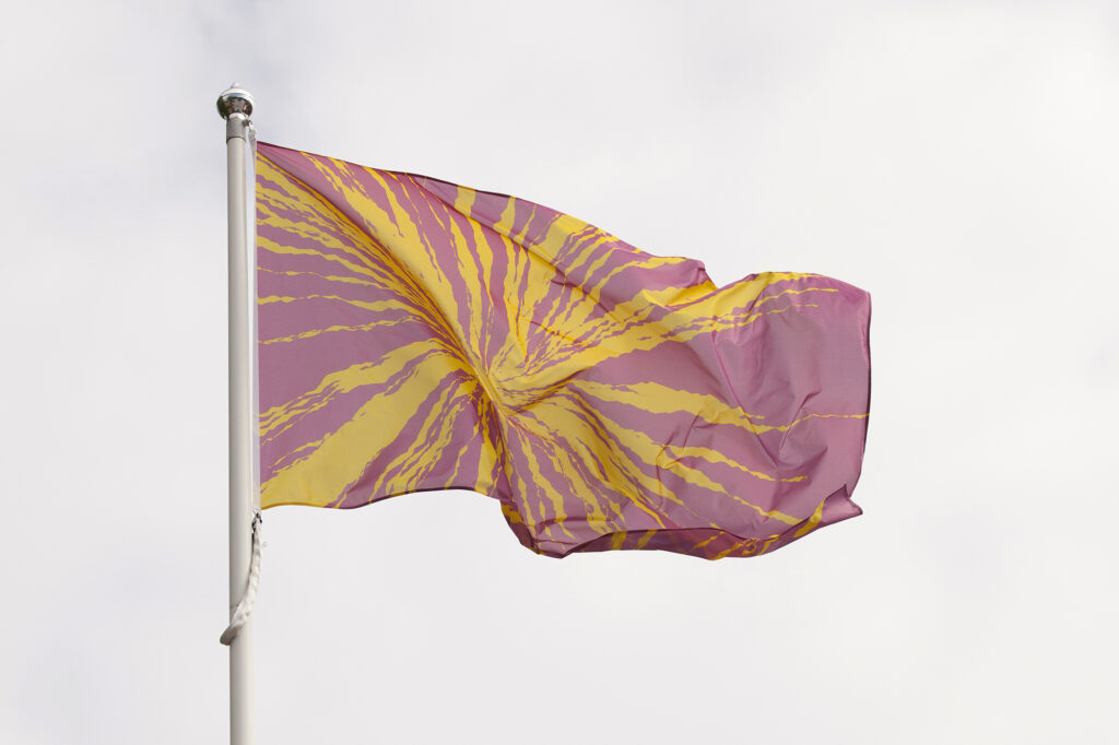 A pink and yellow flag in a window