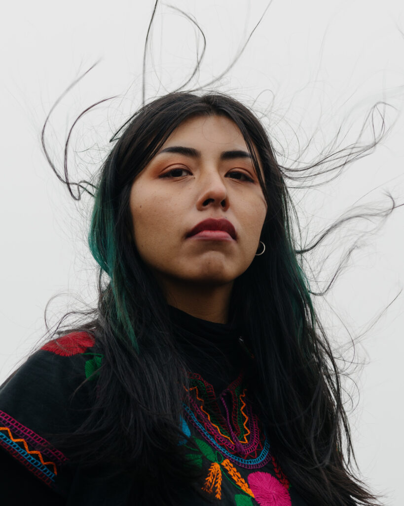 Gladys is facing towards the camera with a calm expression on her face, the background is a light grey misty sky and her hair flowing in the wind. She is wearing a black dress with colorful embroidery